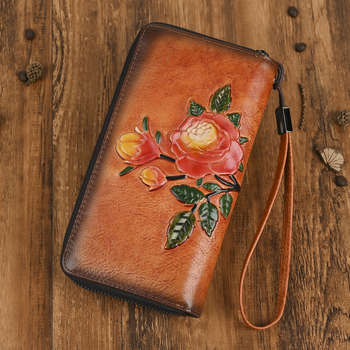 Γυναικείο πορτοφόλι με φερμουάρ από γνήσιο δέρμα, πρώτο στρώμα βοδινού δέρματος, Bolt, μοτίβο λουλουδιού, επένδυση πολυεστέρα