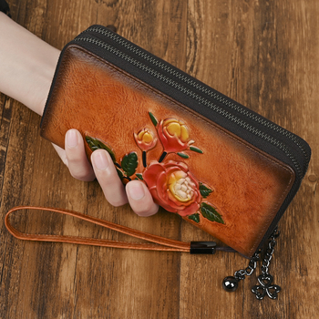 Γυναικείο πορτοφόλι με φερμουάρ από γνήσιο δέρμα, πρώτο στρώμα βοδινού δέρματος, Bolt, μοτίβο λουλουδιού, επένδυση πολυεστέρα