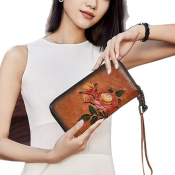 Γυναικείο πορτοφόλι με φερμουάρ από γνήσιο δέρμα, πρώτο στρώμα βοδινού δέρματος, Bolt, μοτίβο λουλουδιού, επένδυση πολυεστέρα