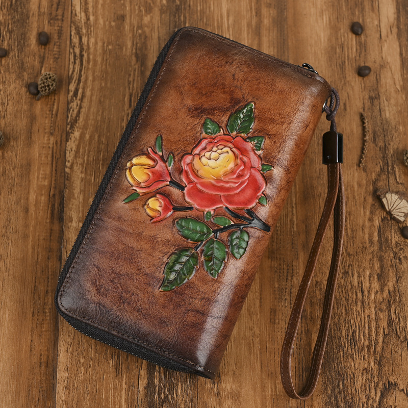 Γυναικείο πορτοφόλι με φερμουάρ από γνήσιο δέρμα, πρώτο στρώμα βοδινού δέρματος, Bolt, μοτίβο λουλουδιού, επένδυση πολυεστέρα