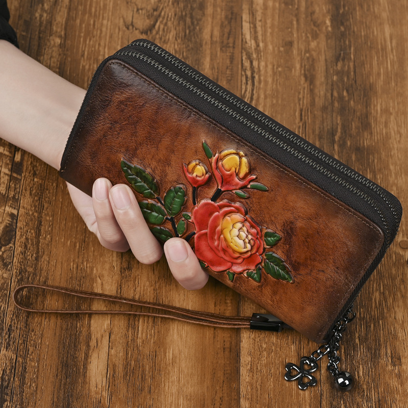 Γυναικείο πορτοφόλι με φερμουάρ από γνήσιο δέρμα, πρώτο στρώμα βοδινού δέρματος, Bolt, μοτίβο λουλουδιού, επένδυση πολυεστέρα