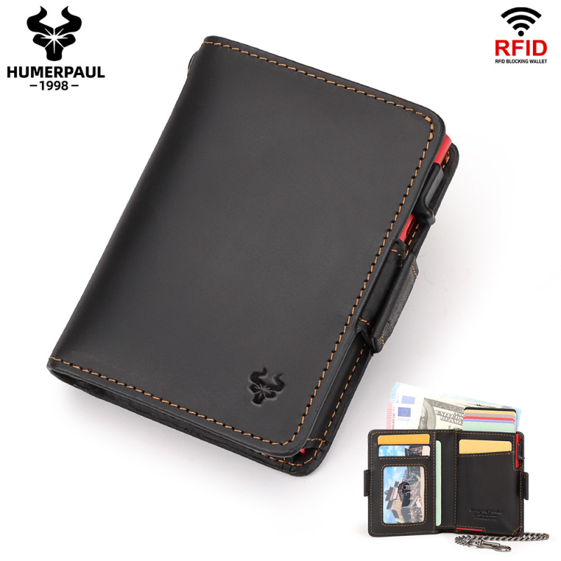 Kortelių dėklas iš tikros odos su RFID blokavimu, aukšto sluoksnio karvios odos, 1 sulenkimo dizainas, poliesterio įdaila