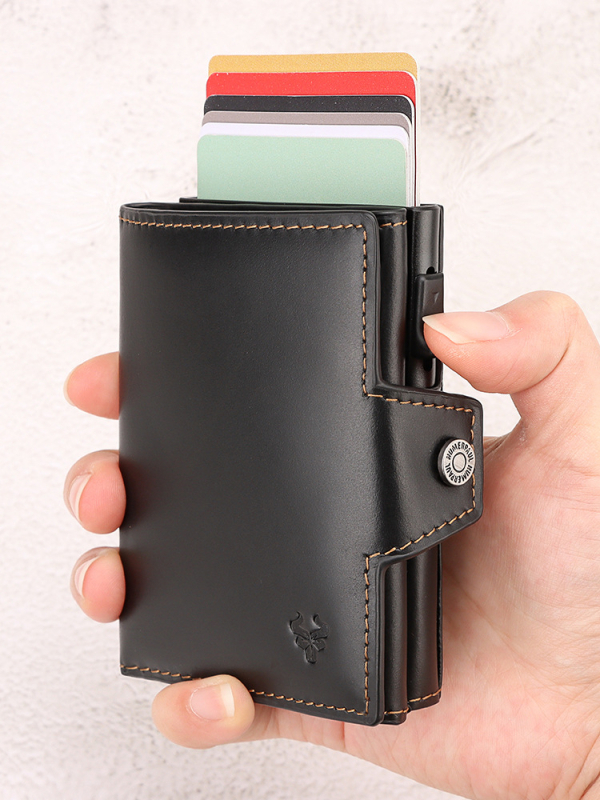 HUMERPAUL Odinis kortelių dėklas su sagtimi, RFID metalinė kartelių dėžutė ir monetų kišenė — talpina 8 korteles, 2 sulankstymai