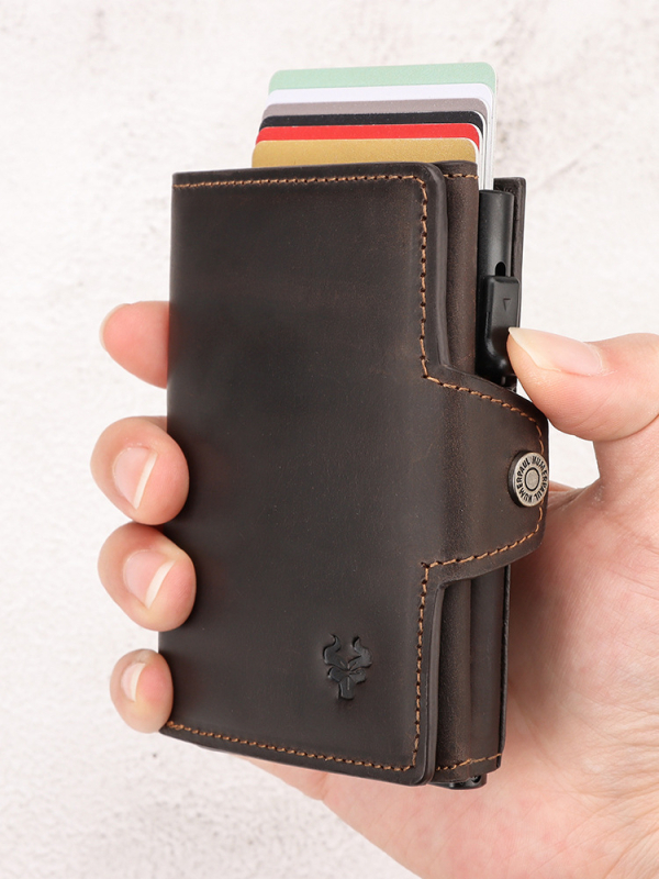 HUMERPAUL Odinis kortelių dėklas su sagtimi, RFID metalinė kartelių dėžutė ir monetų kišenė — talpina 8 korteles, 2 sulankstymai