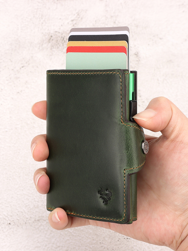 HUMERPAUL Odinis kortelių dėklas su sagtimi, RFID metalinė kartelių dėžutė ir monetų kišenė — talpina 8 korteles, 2 sulankstymai