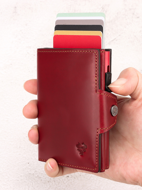 HUMERPAUL Odinis kortelių dėklas su sagtimi, RFID metalinė kartelių dėžutė ir monetų kišenė — talpina 8 korteles, 2 sulankstymai