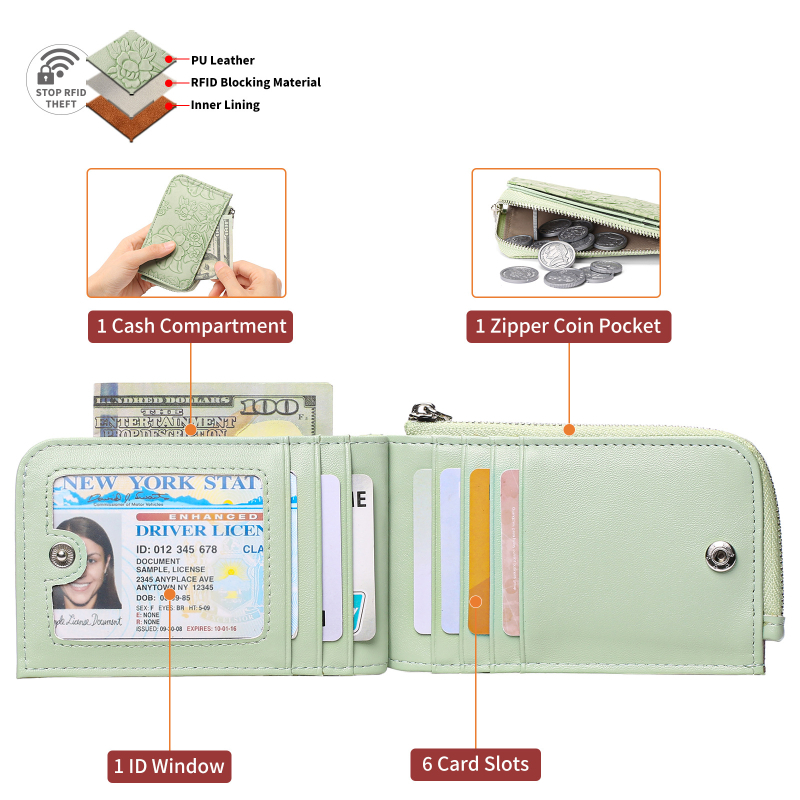 Moteriškas kortų dėklas su užtrauktuku, įspaudas dizainas, didelė talpa, keli kortų skyreliai, su raktų kilpa