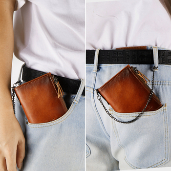 Портфейл от естествена кожа с горен слой телешка кожа и RFID защита, двупластова конструкция, монетник с цип и верига за шофьорска книжка, Dante