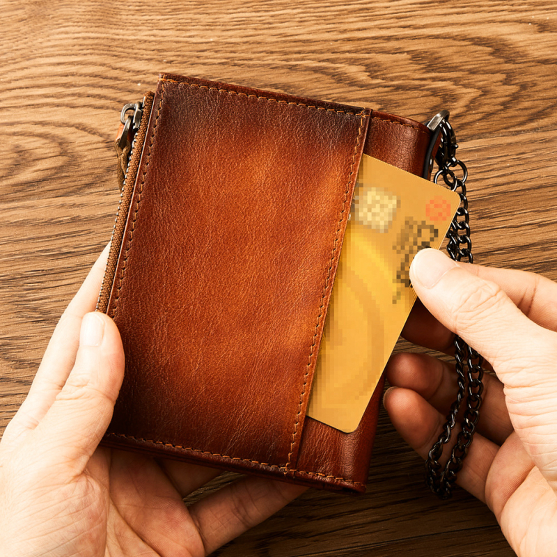 Valódi bőrből készült portfólió felső rétegből RFID védelem, kétoldalas kialakítás, cipzáras aprópénztartó és jogosítvány lánccal, Dante