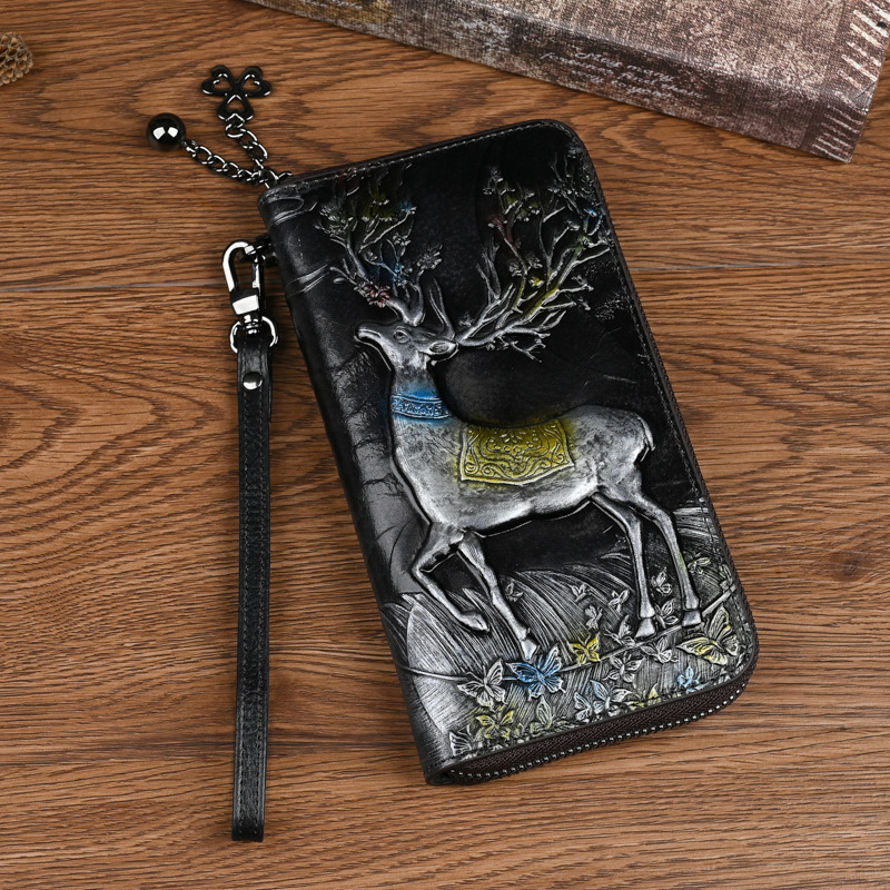 Кожен дълъг портфейл от горен слой телешка кожа, 1 сгъвка, множество отделения за карти, животински принт, подплата полиестер-памук