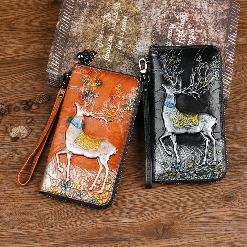 Кожен дълъг портфейл от горен слой телешка кожа, 1 сгъвка, множество отделения за карти, животински принт, подплата полиестер-памук