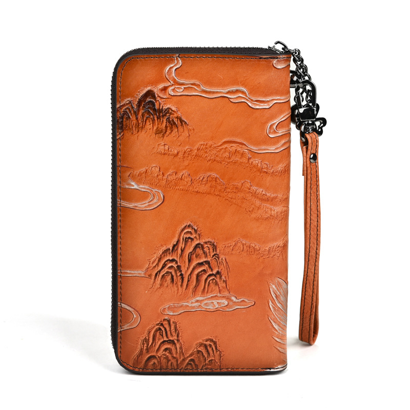 Кожен дълъг портфейл от горен слой телешка кожа, 1 сгъвка, множество отделения за карти, животински принт, подплата полиестер-памук