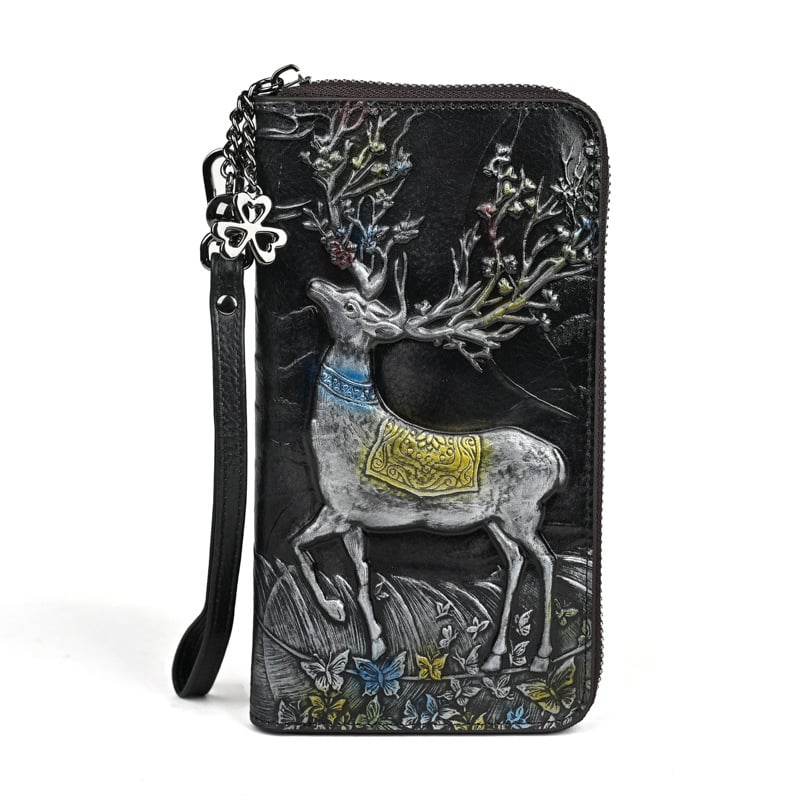 Кожен дълъг портфейл от горен слой телешка кожа, 1 сгъвка, множество отделения за карти, животински принт, подплата полиестер-памук