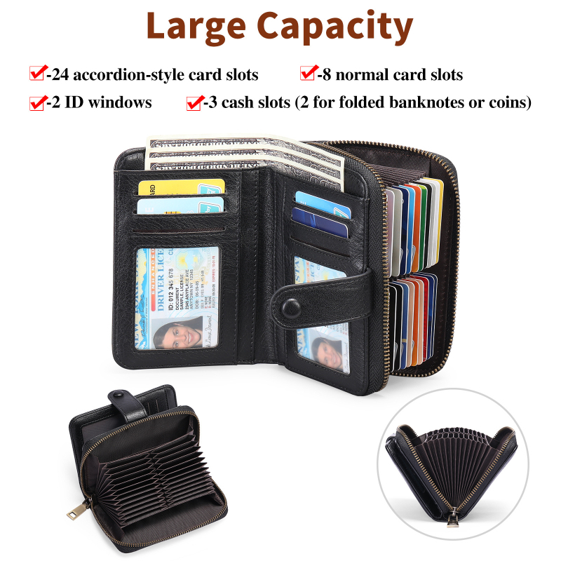 Női pénztárca kártyatartóval, retro wax bőr, többfunkciós pénztárca – modell 8808, SENDEFN, PU bőr, bélés poliészter, lopás elleni funkció