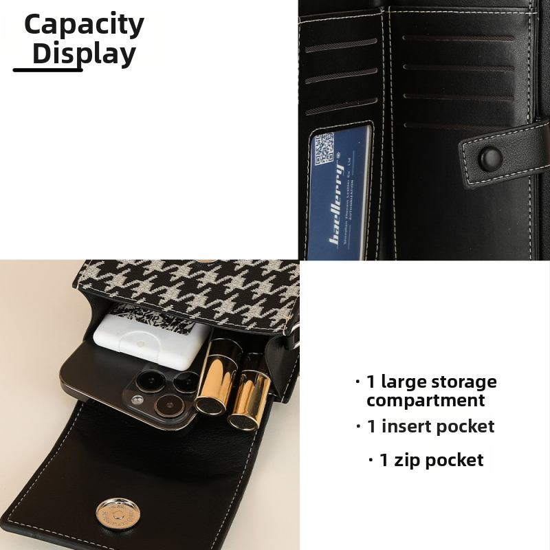 Baellerry dámska taška na mobil z PU kože, zadný priestor na karty, zvislá magnetická spona, vnútorný zips, vertikálny štvorcový tvar, vzor houndstooth