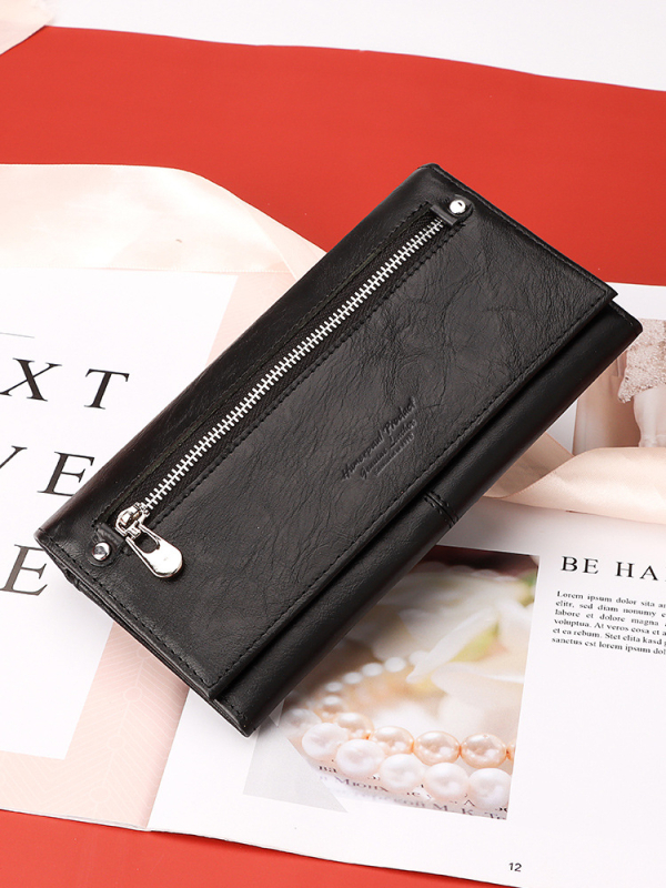 BP838 Női valódi bőr clutch-pénztárca, felső réteg marhabőr, egyszínű dizájn, poliészter bélés, városi stílus, nagy kapacitás, HUMERPAUL