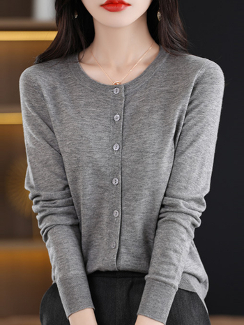 Cardigan с кръгло деколте, дълги ръкави, тънък, смес от вълна и полиестер