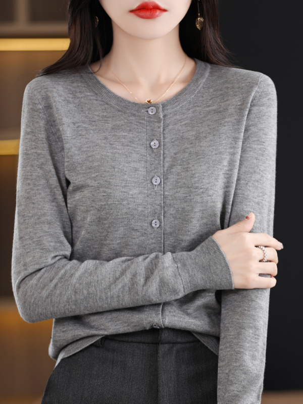 Cardigan cu guler rotund, mâneci lungi, subțire, amestec lână și poliester