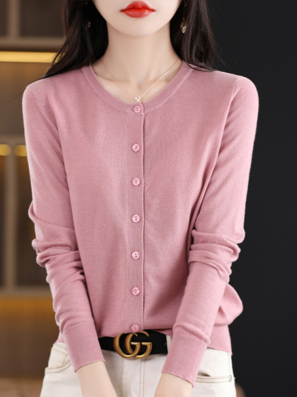 Cardigan cu guler rotund, mâneci lungi, subțire, amestec lână și poliester