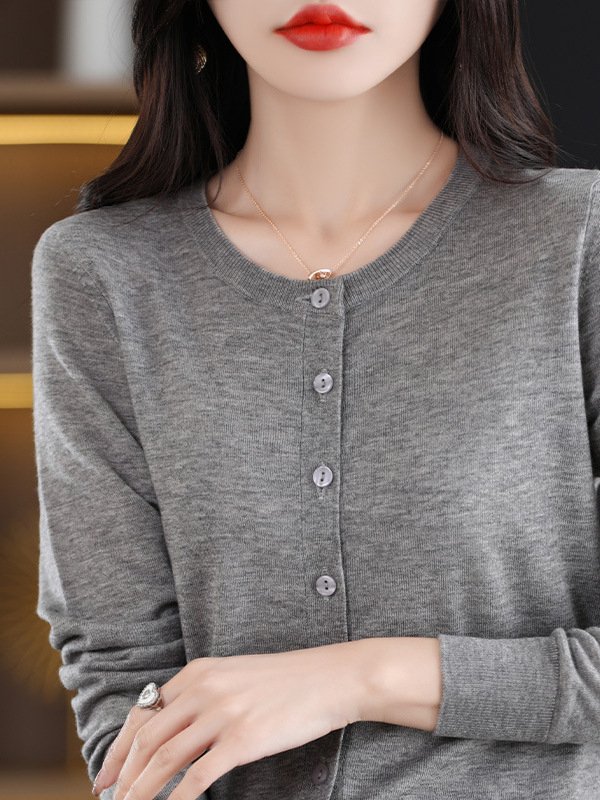 Cardigan cu guler rotund, mâneci lungi, subțire, amestec lână și poliester