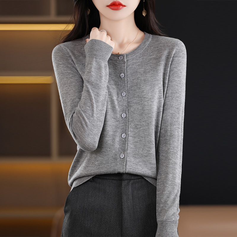 Cardigan с кръгло деколте, дълги ръкави, тънък, смес от вълна и полиестер