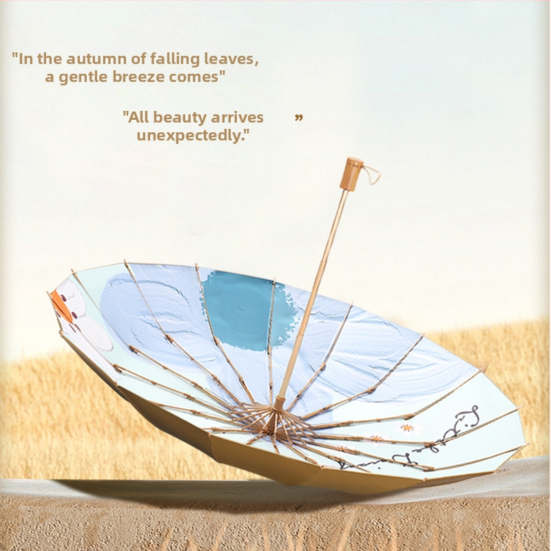 Trys dalių skėtis su 16 ribų, medinė rankenėlė, 210T audinys, UPF >50, rankinis atidarymas, japoniško retro stiliaus