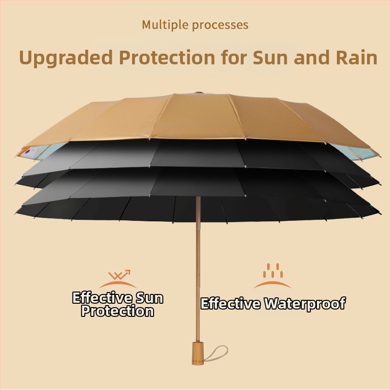 Чадър с три секции, 16 ребра, дървена дръжка, плат 210T, UPF над 50, ръчно отваряне, японски ретро стил