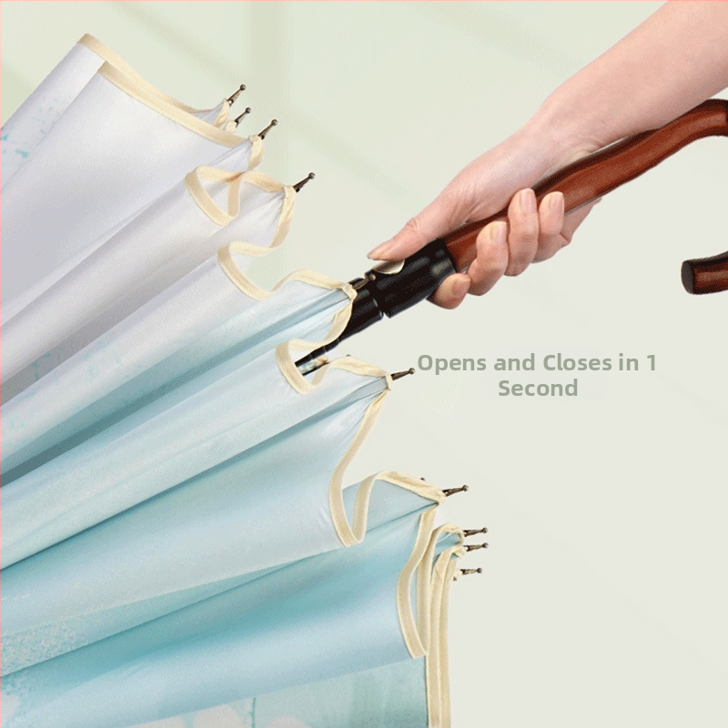 Gėlių rašto reklaminis skėtis, 16-spindulinis rėmas, ilgas kotas, automatinis atidarymas, pusautomatinis uždarymas, logotipo atspaudas, 190T audinys