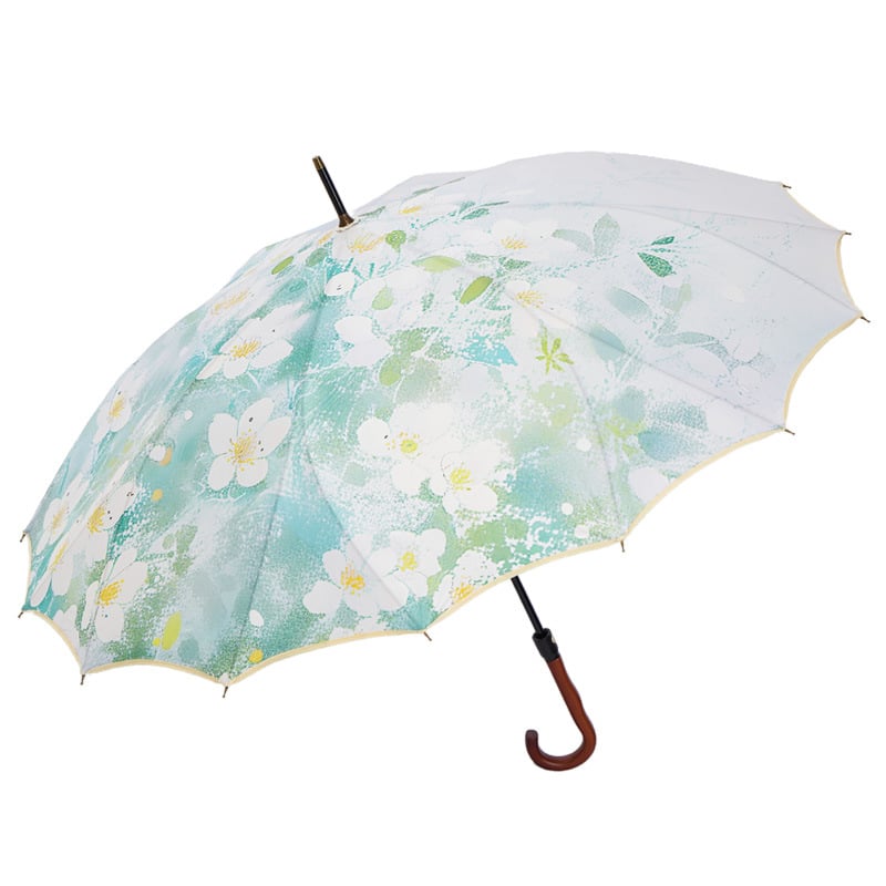 Gėlių rašto reklaminis skėtis, 16-spindulinis rėmas, ilgas kotas, automatinis atidarymas, pusautomatinis uždarymas, logotipo atspaudas, 190T audinys
