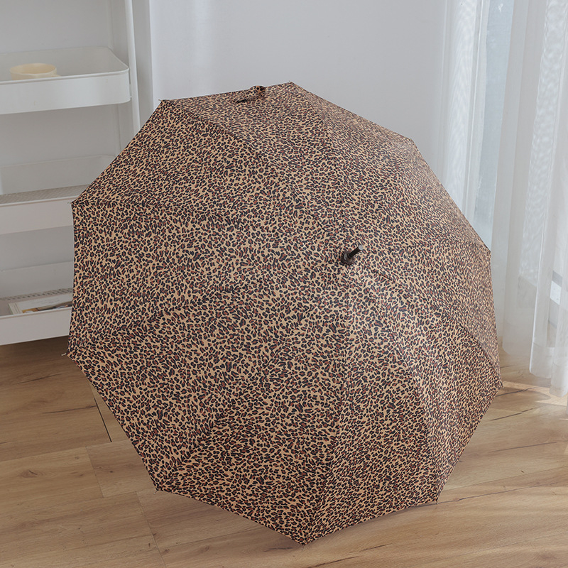 Leopardo spaudinimo retro skėtis su ilgu rankena, automatinis atidarymas, 10 briaunų, vėjo atsparus golfo skėtis, 210T audinys