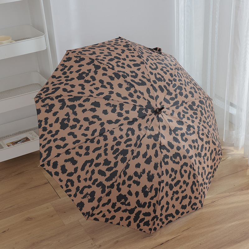 Leopardo spaudinimo retro skėtis su ilgu rankena, automatinis atidarymas, 10 briaunų, vėjo atsparus golfo skėtis, 210T audinys