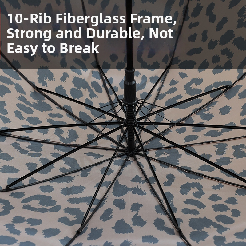 Чадър с дълга дръжка, автоматично отваряне, леопард принт, 10 ребра, ветроустойчив гольф чадър, плат 210T