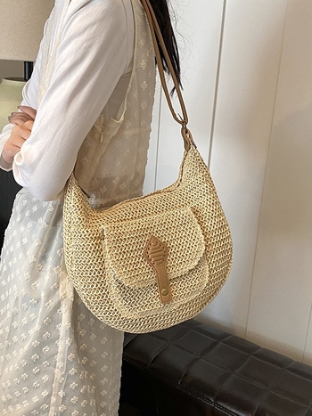 Faramon női keresztpántos táska PU és szalma anyagból, szövött, cipzárral, bevásárló táska formájú