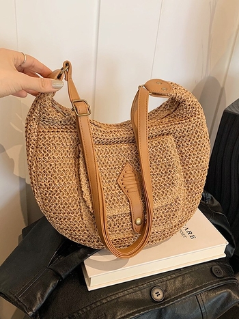 Faramon női keresztpántos táska PU és szalma anyagból, szövött, cipzárral, bevásárló táska formájú