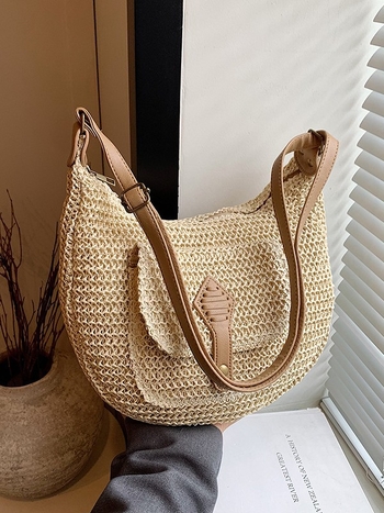 Faramon női keresztpántos táska PU és szalma anyagból, szövött, cipzárral, bevásárló táska formájú