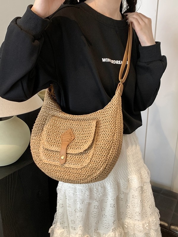 Faramon női keresztpántos táska PU és szalma anyagból, szövött, cipzárral, bevásárló táska formájú