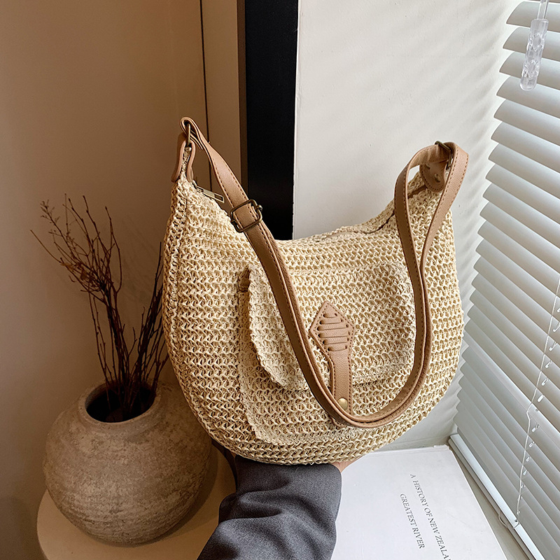 Faramon női keresztpántos táska PU és szalma anyagból, szövött, cipzárral, bevásárló táska formájú