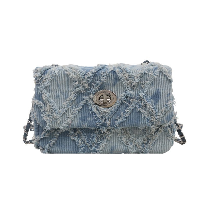 Jinjia márkájú női denim quiltelt válltáska • horizontális négyzet alakú forma • poliészter bélés • zárófedél