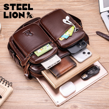 Мъжка чанта през рамо от естествена кожа, кожа от първи слой, голям капацитет, подходяща за 8-инчов лаптоп