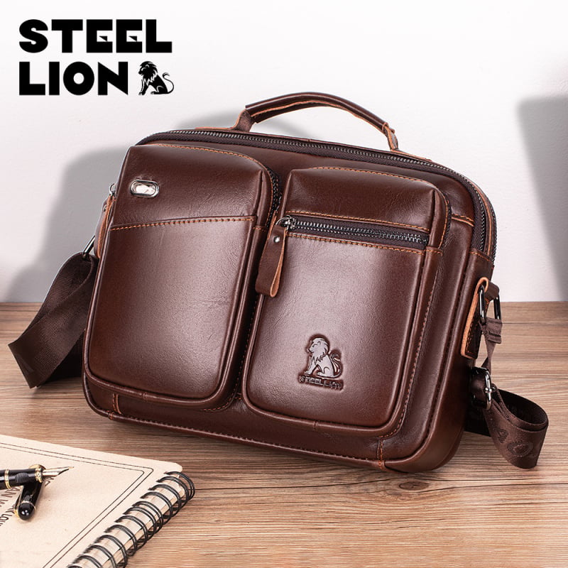 Geantă crossbody pentru bărbați din piele naturală, piele de primă calitate, capacitate mare, potrivită pentru laptop de 8 inci