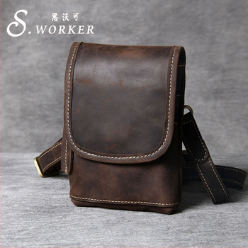 Férfi válltáska – retro stílus, valódi bőr (felső réteg marhabőrből), függőleges négyszögletes forma, fedeles zárás, belső zsebek ID-nek és telefonhoz