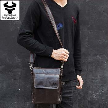 Мъжка чанта за рамо от естествена кожа, горен слой телешка кожа, модел HL-MH553, подплата полиестер, едноцветен дизайн