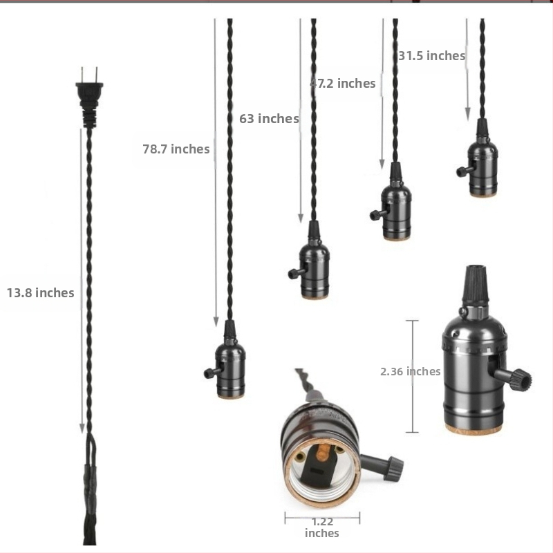 Кабел за лампа с въртящ се превключвател, 110-250V, 4A, плетен кабел + метал + пластмаса, устойчив до 210°C