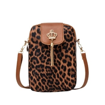 Geantă crossbody pentru telefon, imprimeu leopard cu ciucuri (PU material, formă verticală pătrată, fermoar, buzunar interior pentru ID, stil street fashion)