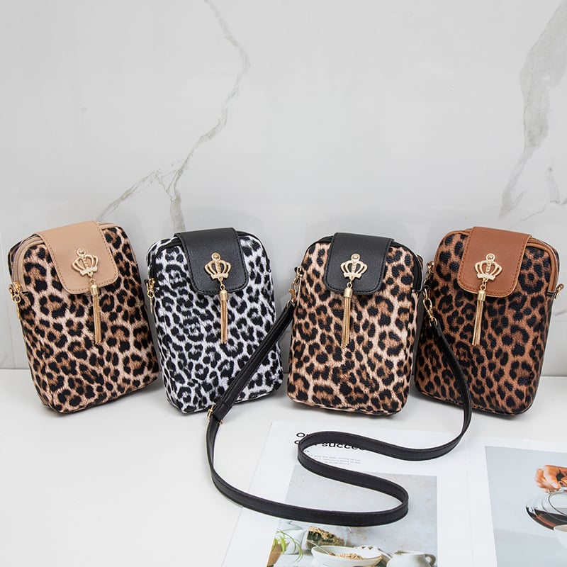 Geantă crossbody pentru telefon, imprimeu leopard cu ciucuri (PU material, formă verticală pătrată, fermoar, buzunar interior pentru ID, stil street fashion)