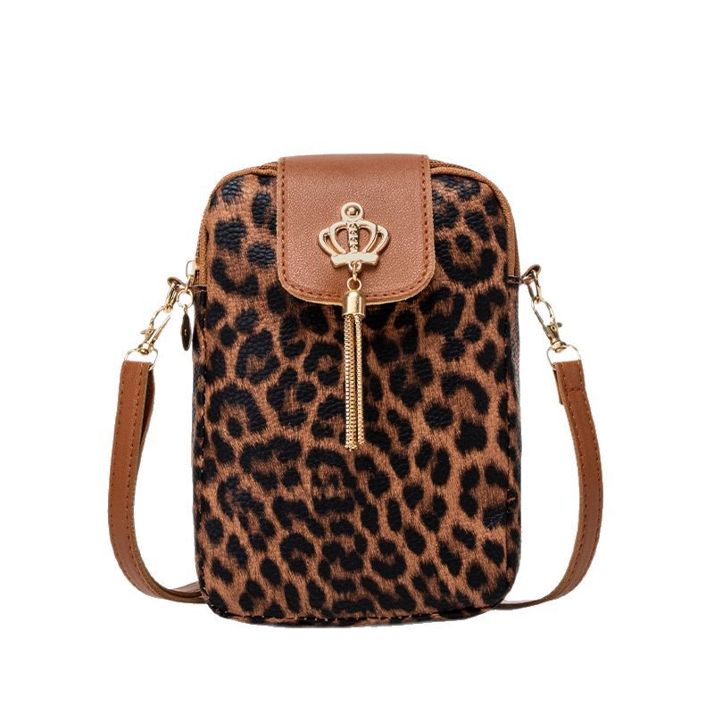 Geantă crossbody pentru telefon, imprimeu leopard cu ciucuri (PU material, formă verticală pătrată, fermoar, buzunar interior pentru ID, stil street fashion)