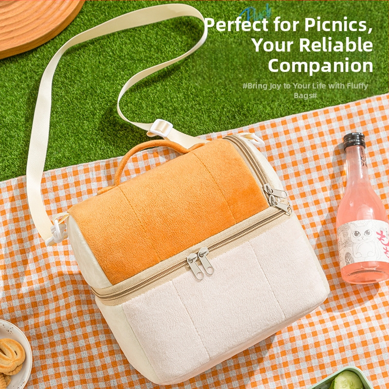 Чанта за обяд с двойна плюшена изолация, преносима чанта за обяд, фланелено PVC топлоизолационен филм; модел: Фланелена чанта за тост; функция: топло и студено запазване; подходяща за пътуване