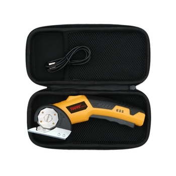 Elektrinės žirklės audiniams, kilimams ir odai – rankinės, su apvaliu peiliu; galia 10, greitis 200, maksimali pjovimo našta 10, pjovimo plotis 1