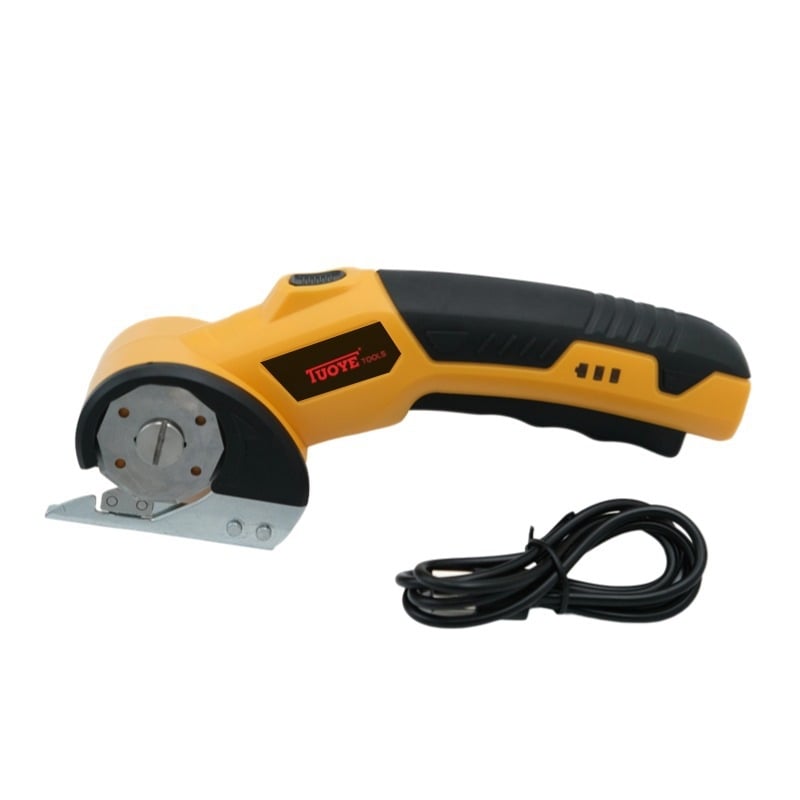 Elektrinės žirklės audiniams, kilimams ir odai – rankinės, su apvaliu peiliu; galia 10, greitis 200, maksimali pjovimo našta 10, pjovimo plotis 1