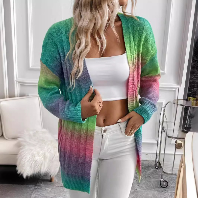 Tie-Dye kötött kardigán, középméretű, V-nyakú, hosszú ujjú, 95% poliészter